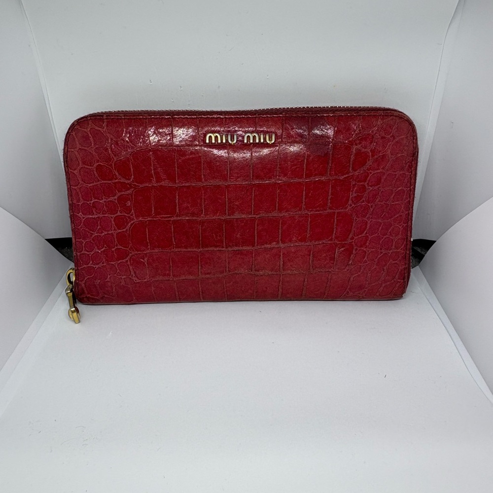 Miu Miu Red Crocodile Leather Zip Wallet